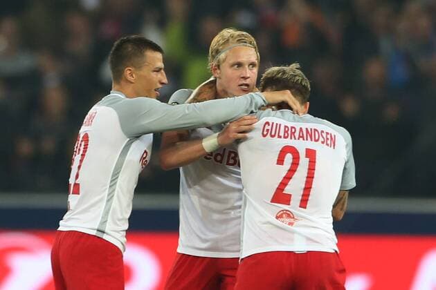 SOCCER - EL, RBS vs Marseille SALZBURG,AUSTRIA,03.MAY.18 - SOCCER - UEFA Europa League, semifinal, Red Bull Salzburg vs Olympique Marseille. Image shows the rejoicing of Stefan Lainer, Xaver Schlager and Fredrik Gulbrandsen (RBS). GEPAxpictures xMathiasxMandl