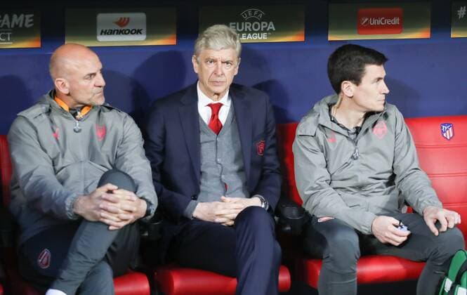 3rd May 2018, Wanda Metropolitano, Madrid, Spain; UEFA Europa League football, semi final, 2nd leg, Atletico Madrid versus Arsenal; Coach Arsene Wenger(FC Arsenal) and assistant Steve Bould  ActionPlus12019213