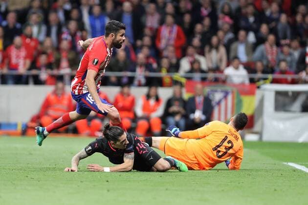 3rd May 2018, Wanda Metropolitano, Madrid, Spain; UEFA Europa League football, semi final, 2nd leg, Atletico Madrid versus Arsenal; Goal scored by Diego Costa (Atletico Madrid) past keeper Ospina for 1-0  ActionPlus12019214