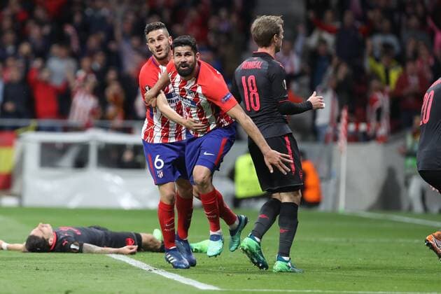 3rd May 2018, Wanda Metropolitano, Madrid, Spain; UEFA Europa League football, semi final, 2nd leg, Atletico Madrid versus Arsenal; Goal celebration from scorer Diego Costa (Atletico Madrid)  ActionPlus12019216