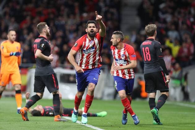 3rd May 2018, Wanda Metropolitano, Madrid, Spain; UEFA Europa League football, semi final, 2nd leg, Atletico Madrid versus Arsenal; Goal celebration from scorer Diego Costa (Atletico Madrid)  ActionPlus12019217