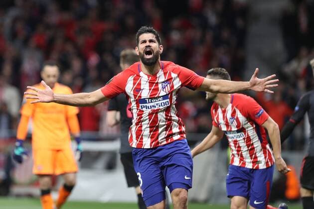 3rd May 2018, Wanda Metropolitano, Madrid, Spain; UEFA Europa League football, semi final, 2nd leg, Atletico Madrid versus Arsenal; Goal celebration from scorer Diego Costa (Atletico Madrid)  ActionPlus12019218