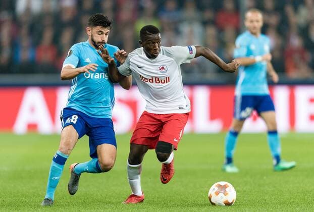 Morgan Sanson Olympique Marseille Amadou Haidara Salzburg during the UEFA Europa League Semifinal 2nd Leg match between FC Salzburg and Olympique Marseille at the Red Bull Arena in Salzburg Austria on 2018 05 03 Salzburg  EX_ADE