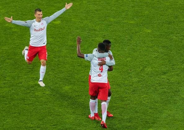03 05 2018 Red Bull Arena Salzburg UEFA Champions League Salzburg vs Olympique Marseille Semi-Finals Rueckspiel im Bild Torjubel Salzburg after 1 0 by Amadou Haidara FC Salzburg Stefan Lainer FC Salzburg Diadie Samassekou FC Salzburg during the UEFA Europa League Semifinal 2nd Leg Match between FC Salzburg and Olympique Marseille at the Red Bull Arena in Salzburg Austria on 2018 05 03 Salzburg  EX_FEI