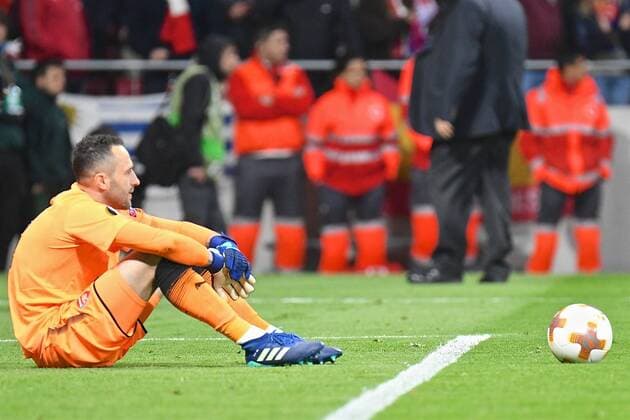 Atletico Madrid v Arsenal UEFA Europa League Semi-Final Arsenal goalkeeper David Ospina is distraught following their defeat by Atletico Madrid pictured ahead of the UEFA Europa League Semi-Final match at the Wanda Metropolitano Stadium, Madrid Content Not Available For UK Newspapers Copyright: xKristianxKanex FIL-11741-0033