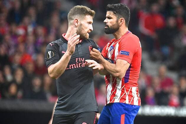 Atletico Madrid v Arsenal UEFA Europa League Semi-Final Diego Costa of Atletico Madrid (right) and Shkodran Mustafi of Arsenal during the UEFA Europa League Semi-Final match at the Wanda Metropolitano Stadium, Madrid Content Not Available For UK Newspapers Copyright: xKristianxKanex FIL-11741-0040