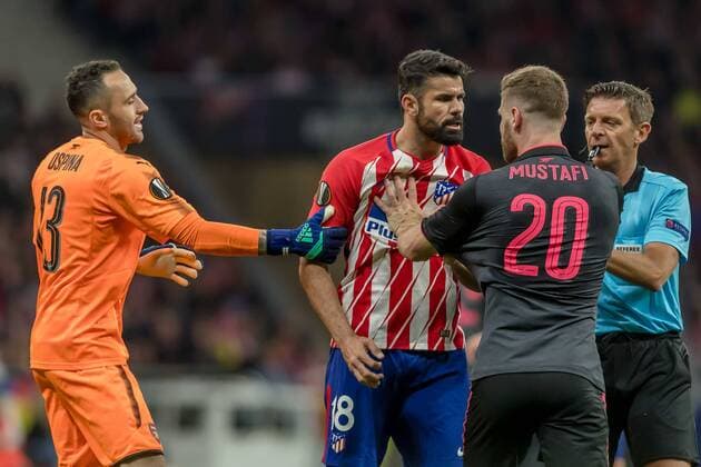 Spain Madrid 03 05 2018 UEFA Europa League 2017 2018 Season Semi finals Second leg semi-finals Atletico Madrid Arsenal FC Diego Costa ATL and Shkodran Mustafi AFC clash DeFodi048