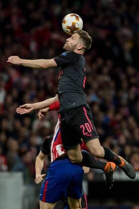 Spain Madrid 03 05 2018 UEFA Europa League 2017 2018 Season Semi finals Second leg semi-finals Atletico Madrid Arsenal FC Shkodran Mustafi AFC and Fernando Torres ATL in a duel DeFodi048