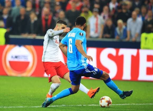 SOCCER - EL, RBS vs Marseille SALZBURG,AUSTRIA,03.MAY.18 - SOCCER - UEFA Europa League, semifinal, Red Bull Salzburg vs Olympique Marseille. Image shows Munas Dabbur (RBS) and Jorge Pirs da Fonseca Rolando (Marseille). GEPAxpictures xMarioxBuehner