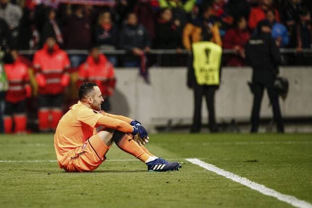 3rd May 2018, Wanda Metropolitano, Madrid, Spain; UEFA Europa League football, semi final, 2nd leg, Atletico Madrid versus Arsenal; Ospina of Arsenal reflects upn the loss which took them out of the final  ActionPlus12019246