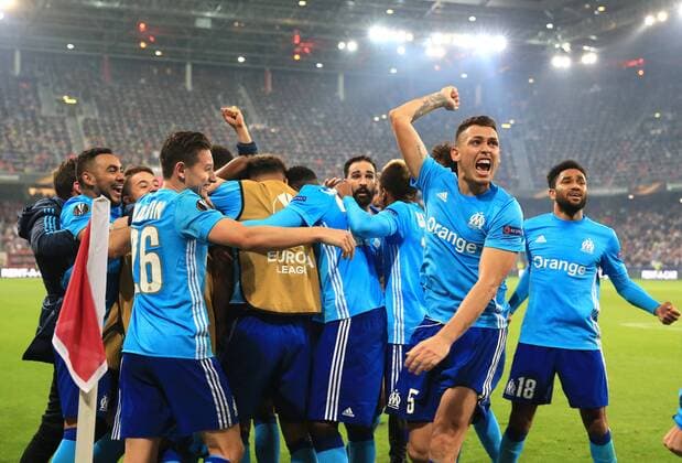 SOCCER - EL, RBS vs Marseille SALZBURG,AUSTRIA,03.MAY.18 - SOCCER - UEFA Europa League, semifinal, Red Bull Salzburg vs Olympique Marseille. Image shows the rejoicing of Marseille. GEPAxpictures xMarioxBuehner