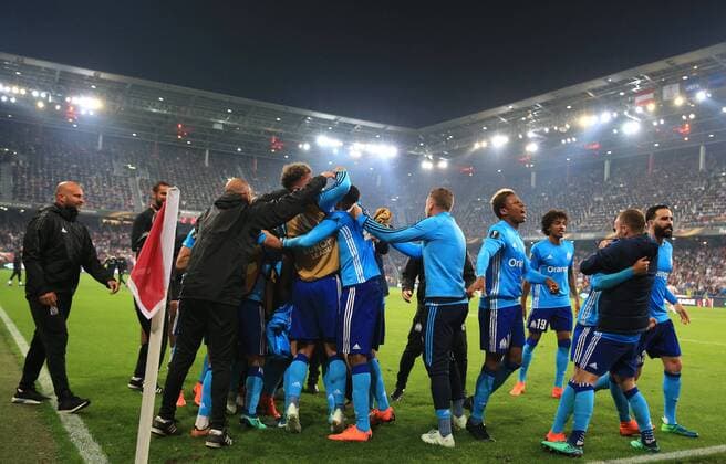SOCCER - EL, RBS vs Marseille SALZBURG,AUSTRIA,03.MAY.18 - SOCCER - UEFA Europa League, semifinal, Red Bull Salzburg vs Olympique Marseille. Image shows the rejoicing of Marseille. GEPAxpictures xMarioxBuehner