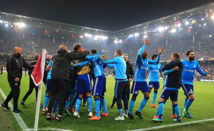 SOCCER - EL, RBS vs Marseille SALZBURG,AUSTRIA,03.MAY.18 - SOCCER - UEFA Europa League, semifinal, Red Bull Salzburg vs Olympique Marseille. Image shows the rejoicing of Marseille. GEPAxpictures xMarioxBuehner
