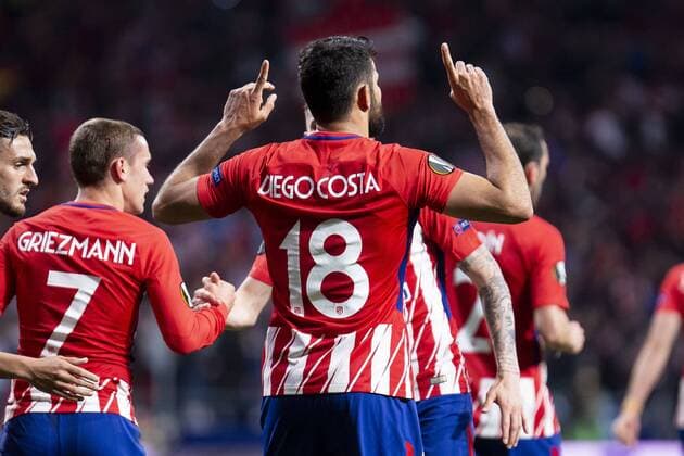 Atletico de Madrid Diego Costa celebrating a goal during Europa League Semi Finals First Leg match between Atletico de Madrid and Arsenal FC at Wanda Metropolitano in Madrid, Spain. May 03, 2018.  (20180503030)