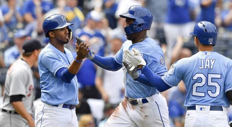 May 3, 2018 - Kansas City, MO, USA - Kansas City Royals Alcides Escobar and Jorge Soler are greeted by Jon Jay after Escobar and Soler scored on a single by Lucas Duda in the sixth inning against the Detroit Tigers on May 3, 2018, at Kauffman Stadium in Kansas City, Mo. Tigers vs Royals - ZUMAm67_ 20180503_zaf_m67_060 Copyright: xJohnxSleezerx