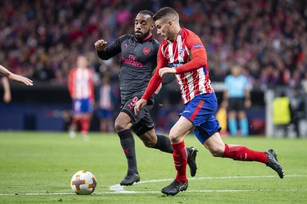 Atletico de Madrid Lucas Hernanez and Arsenal FC Alexandre Lacazette during Europa League Semi Finals First Leg match between Atletico de Madrid and Arsenal FC at Wanda Metropolitano in Madrid, Spain. May 03, 2018.  (20180503054)