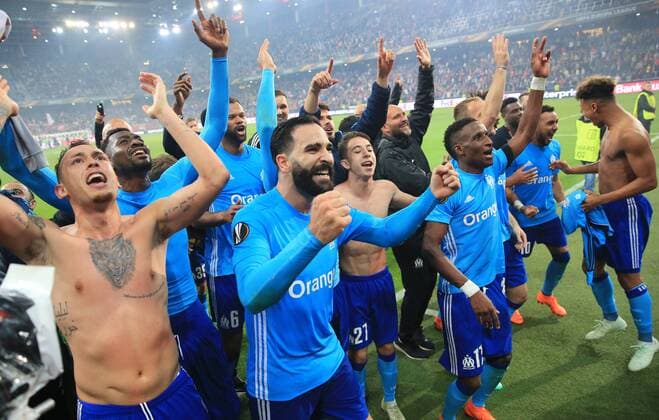 SOCCER - EL, RBS vs Marseille SALZBURG,AUSTRIA,03.MAY.18 - SOCCER - UEFA Europa League, semifinal, Red Bull Salzburg vs Olympique Marseille. Image shows the rejoicing of Marseille. GEPAxpictures xMarioxBuehner
