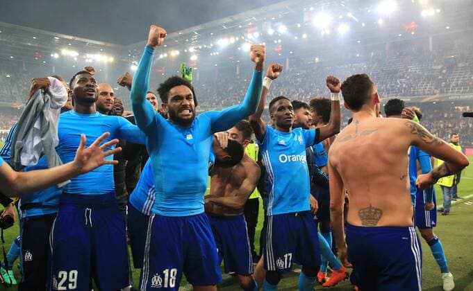 SOCCER - EL, RBS vs Marseille SALZBURG,AUSTRIA,03.MAY.18 - SOCCER - UEFA Europa League, semifinal, Red Bull Salzburg vs Olympique Marseille. Image shows the rejoicing of Marseille. GEPAxpictures xMarioxBuehner