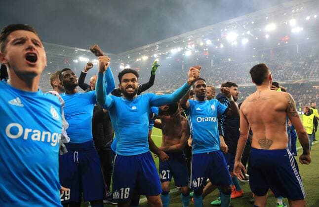 Bilder des Tages - SPORT SOCCER - EL, RBS vs Marseille SALZBURG,AUSTRIA,03.MAY.18 - SOCCER - UEFA Europa League, semifinal, Red Bull Salzburg vs Olympique Marseille. Image shows the rejoicing of Marseille. GEPAxpictures xMarioxBuehner
