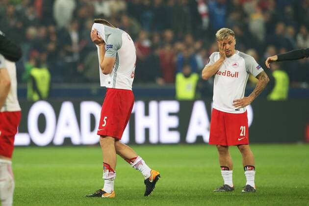SOCCER - EL, RBS vs Marseille SALZBURG,AUSTRIA,03.MAY.18 - SOCCER - UEFA Europa League, semifinal, Red Bull Salzburg vs Olympique Marseille. Image shows the disappointment of Duje Caleta-Car and Fredrik Gulbrandsen (RBS). GEPAxpictures xMathiasxMandl