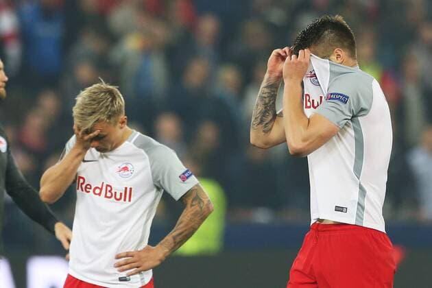 SOCCER - EL, RBS vs Marseille SALZBURG,AUSTRIA,03.MAY.18 - SOCCER - UEFA Europa League, semifinal, Red Bull Salzburg vs Olympique Marseille. Image shows the disappointment of Duje Caleta-Car and Fredrik Gulbrandsen (RBS). GEPAxpictures xMathiasxMandl