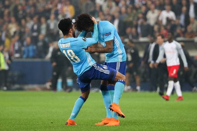 SOCCER - EL, RBS vs Marseille SALZBURG,AUSTRIA,03.MAY.18 - SOCCER - UEFA Europa League, semifinal, Red Bull Salzburg vs Olympique Marseille. Image shows the rejoicing of Jordan Amavi and Luiz Gustavo (Marseille). GEPAxpictures xChristianxWalgram