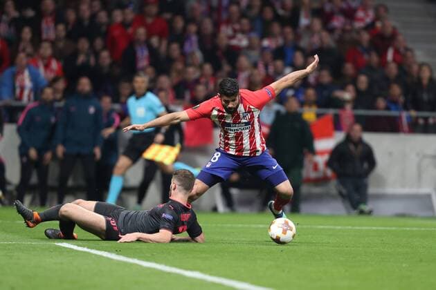 May 3, 2018 - Madrid, Spain - DIEGO COSTA of Atletico de Madrid duels for the ball with SHKODRAN MUSTAFI of Arsenal FC during the UEFA Europa League, semi final, 2nd leg football match between Atletico de Madrid and Arsenal FC on May 3, 2018 at Metropolitano stadium in Madrid, Spain Football - UEFA Europa League - Atletico de Madrid vs Arsenal FC  - ZUMAb169 20180503_zaa_b169_013 Copyright: xManuelxBlondeau Aop.Pressx