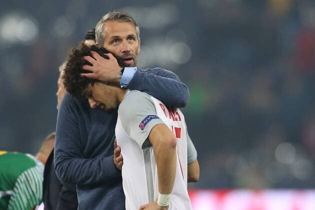 Bilder des Tages - SPORT SOCCER - EL, RBS vs Marseille SALZBURG,AUSTRIA,03.MAY.18 - SOCCER - UEFA Europa League, semifinal, Red Bull Salzburg vs Olympique Marseille. Image shows head coach Marco Rose and Andre Ramalho (RBS). GEPAxpictures xMathiasxMandl