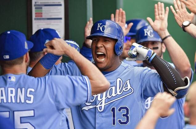 May 3, 2018 - Kansas City, Missouri, U.S. - Kansas City Royals SALVADOR PEREZ celebrates in the dugout after hitting a two run home run in the third inning during Thursday s baseball game against the Detroit Tigers at Kauffman Stadium. MLB Baseball Herren USA 2018: Royals 10:6 Tigers - ZUMAm67_ 20180503_zaf_m67_024 Copyright: xJohnxSleezerx