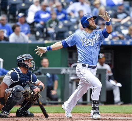 May 3, 2018 - Kansas City, MO, USA - Kansas City Royals Alex Gordon follows through on a solo home run in the fourth inning during Thursday s baseball game against the Detroit Tigers on May 3, 2018, at Kauffman Stadium in Kansas City, Mo. MLB Baseball Herren USA 2018: Royals 10:6 Tigers - ZUMAm67_ 20180503_zaf_m67_030 Copyright: xJohnxSleezerx