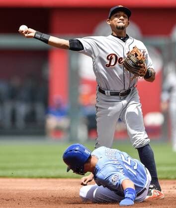 May 3, 2018 - Kansas City, MO, USA - Detroit Tigers shortstop Dixon Machado forces out Kansas City Royals Whit Merrifield at second but couldn t complete the double play on Jorge Soler in the first inning during Thursday s baseball game on May 3, 2018, at Kauffman Stadium in Kansas City, Mo. MLB Baseball Herren USA 2018: Royals 10:6 Tigers - ZUMAm67_ 20180503_zaf_m67_014 Copyright: xJohnxSleezerx