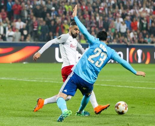 03 05 2018 Red Bull Arena Salzburg UEFA Champions League Final UEFA Championships Salzburg vs Olympique Marseille Semi-Finals Racings in the Round Munas Dabbur FC Salzburg and Adil Rami Olympique Marseille during the UEFA Europa League Semifinal 2nd Leg match between FC Salzburg and Olympique Marseille at the Red Bull Arena in Salzburg Austria on 2018 05 03 Salzburg  EX_RHA