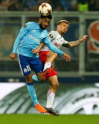 03 05 2018 Red Bull Arena Salzburg UEFA Champions League Final UEFA Champions League semi-final against Jordan Amavi Olympique Marseille and Fredrik Gulbrandsen FC Salzburg during the UEFA Europa League semi-final 2nd leg match between FC Salzburg and Olympique Marseille at the Red Bull Arena in Salzburg Austria on 2018 05 03 Salzburg  EX_RHA