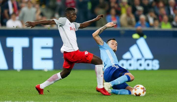 03 05 2018 Red Bull Arena Salzburg UEFA Champions League semi-finals Odds Amadou Haidara FC Salzburg and Lucas Ocampos Olympique Marseille during the UEFA Europa League Semifinal 2nd Leg match between FC Salzburg and Olympique Marseille at the Red Bull Arena in Salzburg Austria on 2018 05 03 Salzburg  EX_RHA