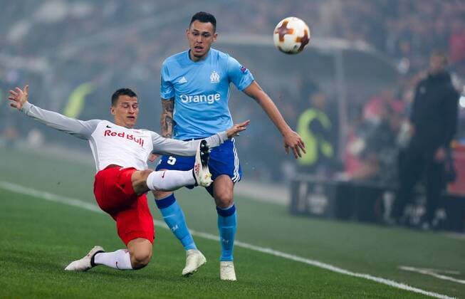 03 05 2018 Red Bull Arena Salzburg UEFA Champions League Salzburg vs Olympique Marseille Semifinals Back in the pack Stefan Lainer FC and Lucas Ocampos Olympique Marseille during the UEFA Europa League Semifinal 2nd Leg match between FC Salzburg and Olympique Marseille at the Red Bull Arena in Salzburg Austria on 2018 05 03 Salzburg  EX_RHA