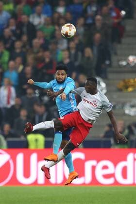 SOCCER - EL, RBS vs Marseille SALZBURG,AUSTRIA,03.MAY.18 - SOCCER - UEFA Europa League, semifinal, Red Bull Salzburg vs Olympique Marseille. Image shows Jordan Amavi (Marseille) and Amadou Haidara (RBS). GEPAxpictures xMathiasxMandl