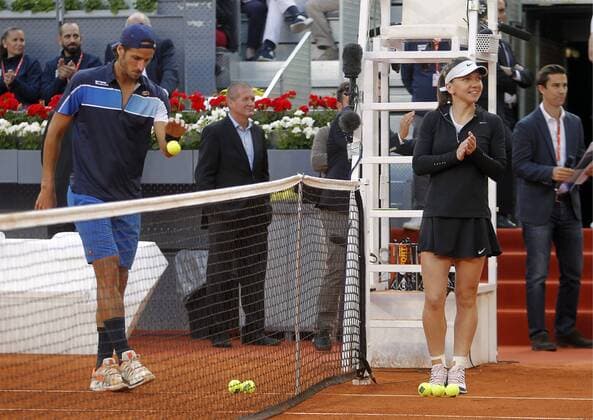Manolo Santana Charity, match of tennis during Madrid Open of Tennis in profit of two NGOs for support programs for women and girls in vulnerability situation. (Photo: Jose Cuesta 261 Cordon Press). Feliciano Lopez and Simona Halep. Cordon Press Manolo Santana Charity, partido de tenis durante el Madrid Open de Tenis en beneficio de dos ONG  xJ.xLuisxCuestax xx