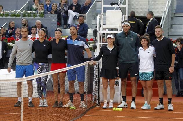 Manolo Santana Charity, match of tennis during Madrid Open of Tennis in profit of two NGOs for support programs for women and girls in vulnerability situation. (Photo: Jose Cuesta 261 Cordon Press). Gasquet, Azarenka, Mladenovic, Lopez, Halep, Del Potro, Suarez and Sock . Cordon Press Manolo Santana Charity, partido de tenis durante el Madrid Open de Tenis en beneficio de dos ONG  xJ.xLuisxCuestax xx