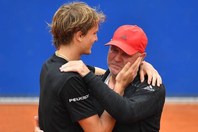 Alexander ZVEREV GER hugs his father and trainer Alexander Mikhailovich Zverev who received the award TRAINER OF THE YEAR embracing tennis BMW Open 2018 on 04 05 2018 in Munich