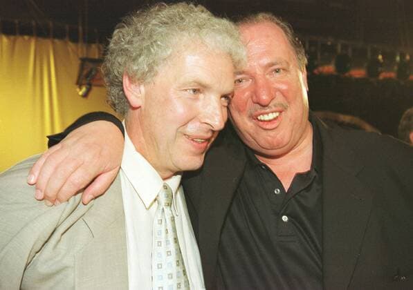 Coach Klaus Toppmöller and President Hartmut Ostermann v l are looking forward to the promotion of 1 FC Saarbrücken to the Second Bundesliga on 28 May 2000 in the Saarbrücker Kulturfabrik