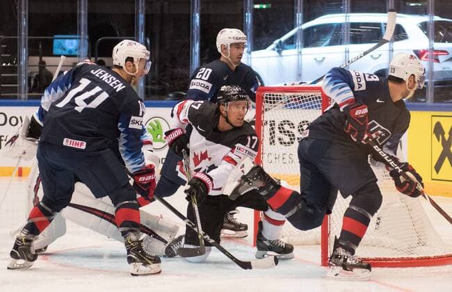 04 05 2018 xblx Ice Hockey World Cup 2018 USA Canada emspor v Nick Jensen Team USA Chris Kreider Team USA Jaden Schwartz Team Canada Canada Alec Martinez Team USA Herning