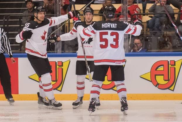 04 05 2018 xblx Ice Hockey World Cup 2018 United States Canada emspor v Colton Parayko Team Canada Canada Pierre Luc Dubois Team Canada Canada Bo Horvat Canada Team Canada Goal scored Goal to 0 1 celebrate the goal Torjubel Herning