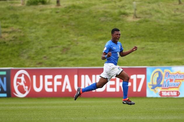 4th May, St Georges Park, Burton-on-Trent, England; UEFA Under 17 European Championships, Italy U17s versus Switzerland U17s; Jean Freddi Pascal Greco of Italy celebrates after opening the scoring with a header in the 22nd minute to make it 1-0  ActionPlus12019464