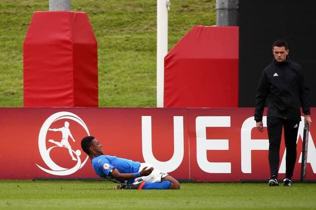 4th May, St Georges Park, Burton-on-Trent, England; UEFA Under 17 European Championships, Italy U17s versus Switzerland U17s; Jean Freddi Pascal Greco of Italy slides on his knees to celebrate opening the scoring with a header in the 22nd minute to make it 1-0  ActionPlus12019465