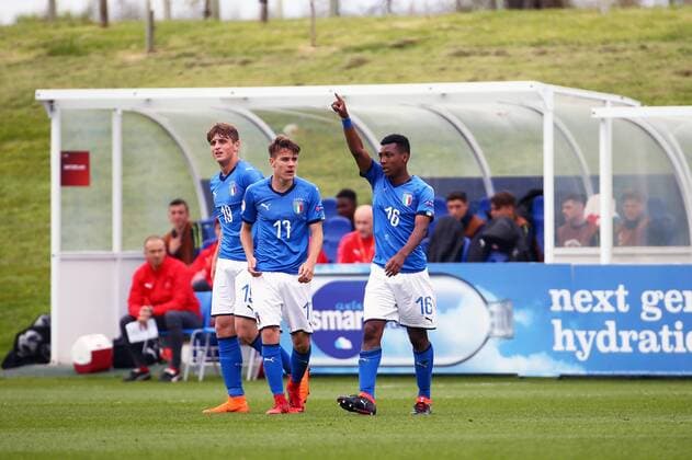 4th May, St Georges Park, Burton-on-Trent, England; UEFA Under 17 European Championships, Italy U17s versus Switzerland U17s; Jean Freddi Pascal Greco of Italy acknowledges the crowd after opening the scoring with a header in the 22nd minute to make it 1-0 with Nicolo Fagioli and Lorenzo Colombo  ActionPlus12019467