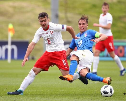 4th May, St Georges Park, Burton-on-Trent, England; UEFA Under 17 European Championships, Italy U17s versus Switzerland U17s; Drilon Kastrati of Switzerland tackles Alessio Riccardi of Italy  ActionPlus12019470