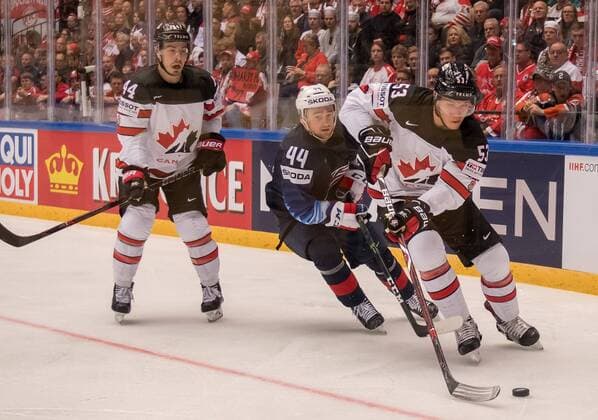 04 05 2018 xblx Ice Hockey World Cup 2018 USA Canada emspor v Jean Gabriel Pageau Team Canada Canada Neal Pionk Team USA Bo Horvat Team Canada Canada Herning