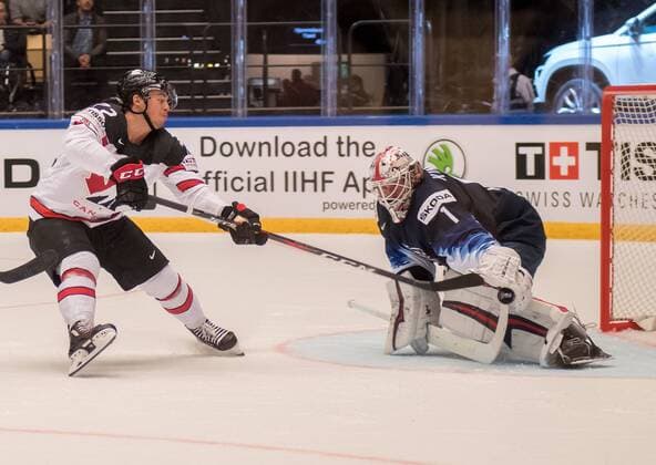 04 05 2018 xblx Ice Hockey World Cup 2018 USA Canada emspor v Anthony Beauvillier Team Canada Canada Keith Kinkaid Team USA Herning