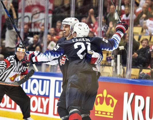 Dylan Larkin, USA celebrates his goal to 2-2 during the IIHF World Championship WM Weltmeisterschaft Group B match between USA and Canada in Jyske Bank Boxen in Herning, Denmark, Friday, May 4, 2018.. , Herning Jylland Denmark  Copyright: HenningxBagger HenningxBaggerx COP105 spdk20180504-171226-L
