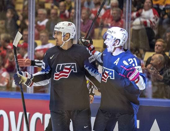 Dylan Larkin, USA (R) celebrates his goal to 2-2 during the IIHF World Championship WM Weltmeisterschaft Group B match between USA and Canada in Jyske Bank Boxen in Herning, Denmark, Friday, May 4, 2018.. , Herning Jylland Denmark  Copyright: HenningxBagger HenningxBaggerx COP105 spdk20180504-171436-L